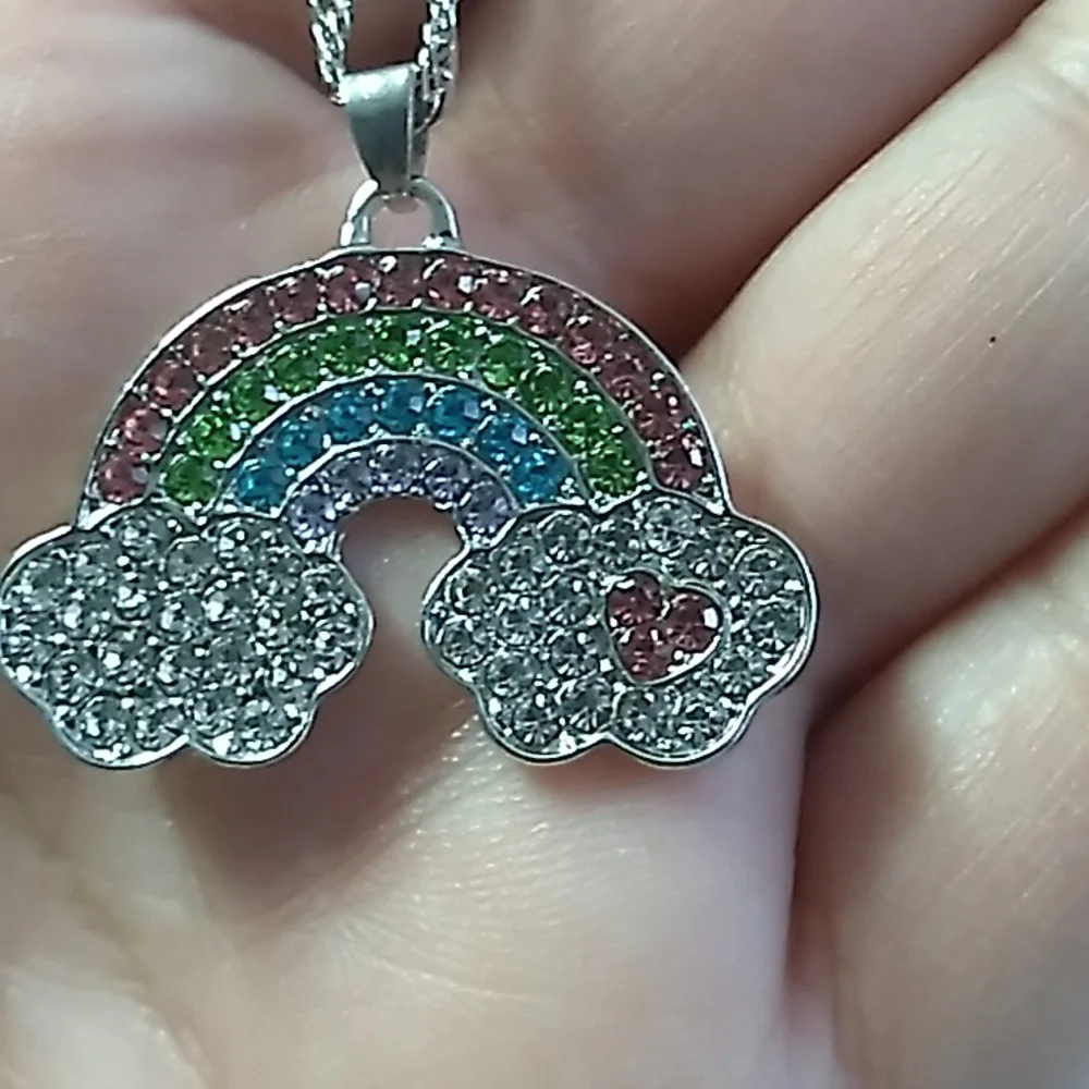 Cute Rainbow necklace Girls w Rhinestones 22 inch chain, pink, blue.